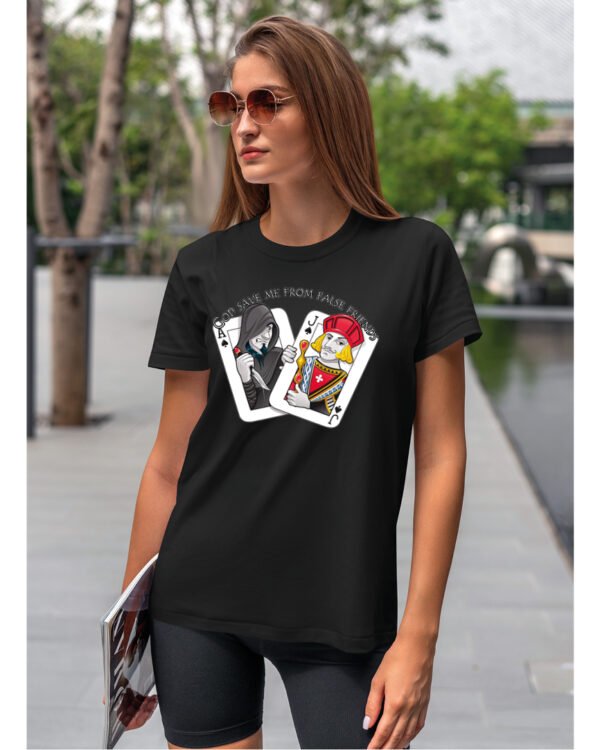 Koszulka unisex napis “God save me from false friends”, dla niej – wybierz kolor!