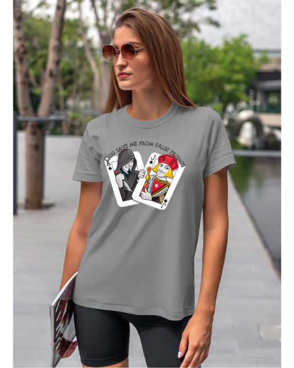 Koszulka unisex napis “God save me from false friends”, dla niej – wybierz kolor!