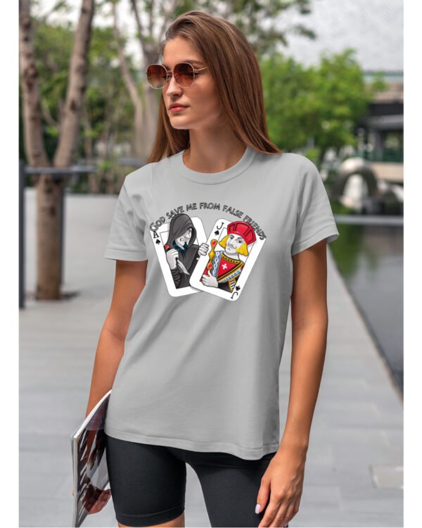 Koszulka unisex napis “God save me from false friends”, dla niej – wybierz kolor!