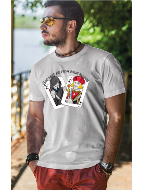 Koszulka unisex napis “God save me from false friends”, dla niego – wybierz kolor!