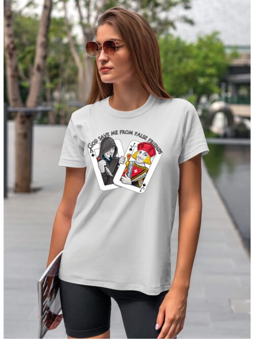 Koszulka unisex napis “God save me from false friends”, dla niej – wybierz kolor!