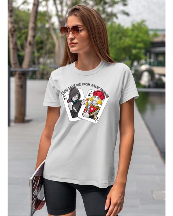 Koszulka unisex napis “God save me from false friends”, dla niej – wybierz kolor!