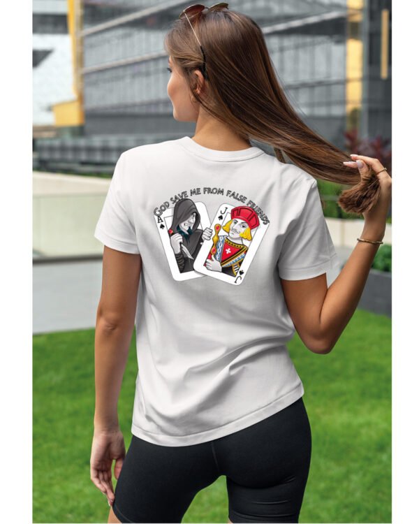 Koszulka unisex napis “God save me from false friends”, dla niej – wybierz kolor!