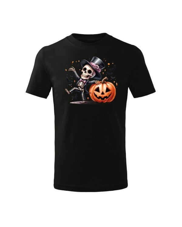 Halloweenowa Koszulka Dziecięca "Tańczący szkielet z dynią" – Wybierz Kolor!