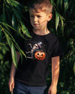 Halloweenowa Koszulka Dziecięca "Tańczący szkielet z dynią" – Wybierz Kolor!
