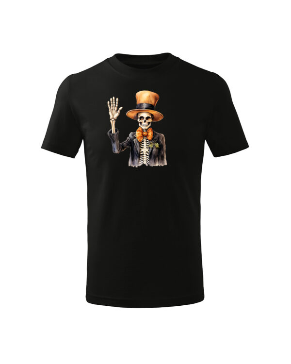 TL TS KID CAR DTF 0705 A Halloweenowa Koszulka Dziecięca "Szkielet w cylindrze" – elegancja i groza – Wybierz Kolor!