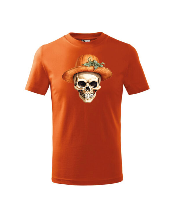 TL TS KID FIE DTF 0706 A Halloweenowa Koszulka Dziecięca "Czaszka w dyniowym kapeluszu" – Wybierz Kolor!