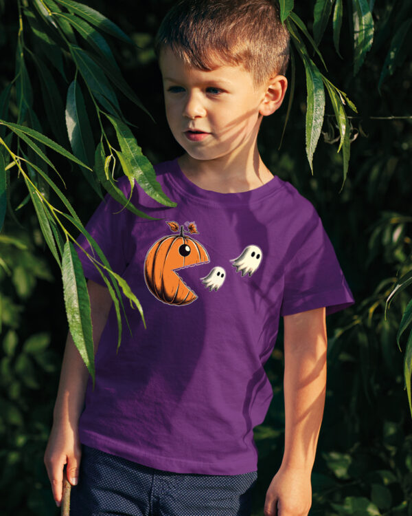 TL TS KID PUR DTF 0693 A BOY Halloweenowa Koszulka Dziecięca "Dynia zjada duszki" – Wybierz Kolor!