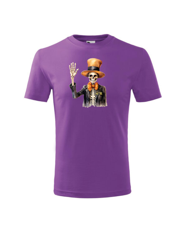TL TS KID PUR DTF 0705 A Halloweenowa Koszulka Dziecięca "Szkielet w cylindrze" – elegancja i groza – Wybierz Kolor!