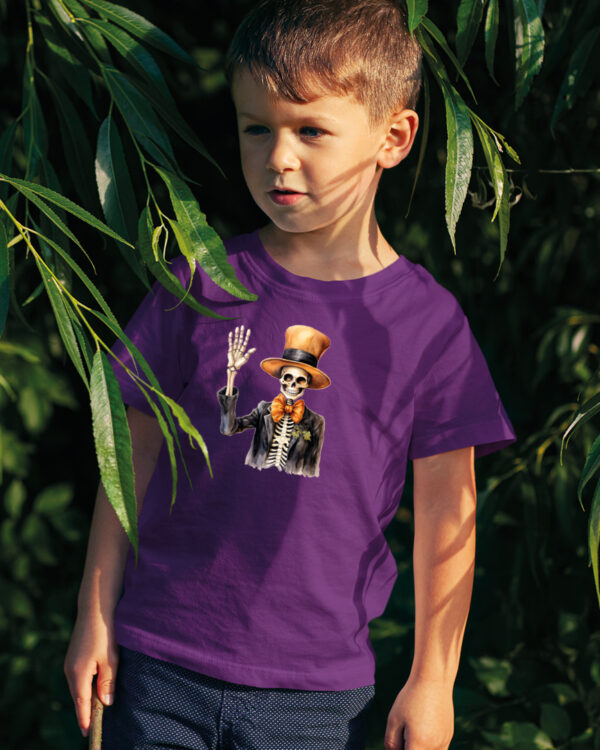 TL TS KID PUR DTF 0705 A BOY Halloweenowa Koszulka Dziecięca "Szkielet w cylindrze" – elegancja i groza – Wybierz Kolor!