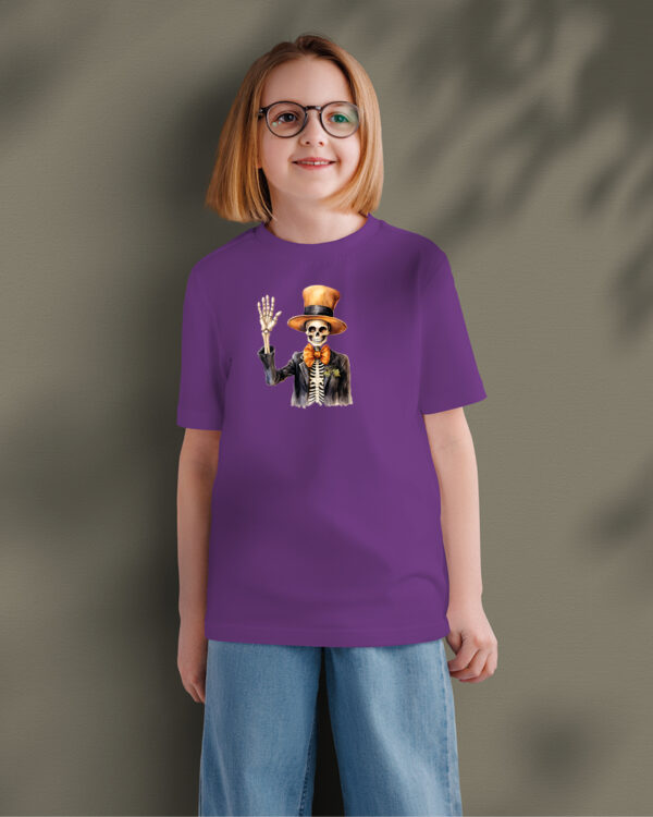 TL TS KID PUR DTF 0705 A GIRL Halloweenowa Koszulka Dziecięca "Szkielet w cylindrze" – elegancja i groza – Wybierz Kolor!