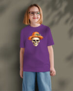 TL TS KID PUR DTF 0706 A GIRL Halloweenowa Koszulka Dziecięca "Czaszka w dyniowym kapeluszu" – Wybierz Kolor!