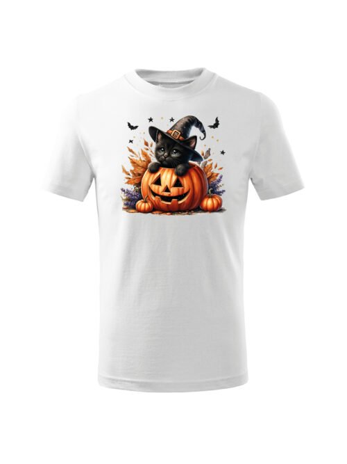 Halloweenowa Koszulka Dziecięca "Kotek w dyni" – Wybierz Kolor!
