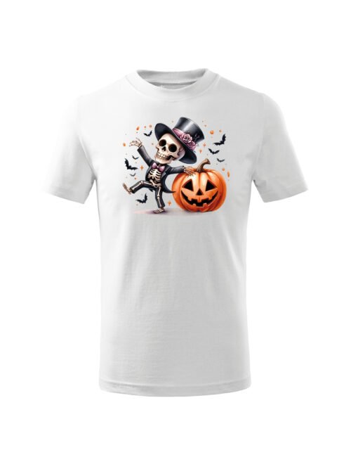 Halloweenowa Koszulka Dziecięca "Tańczący szkielet z dynią" – Wybierz Kolor!