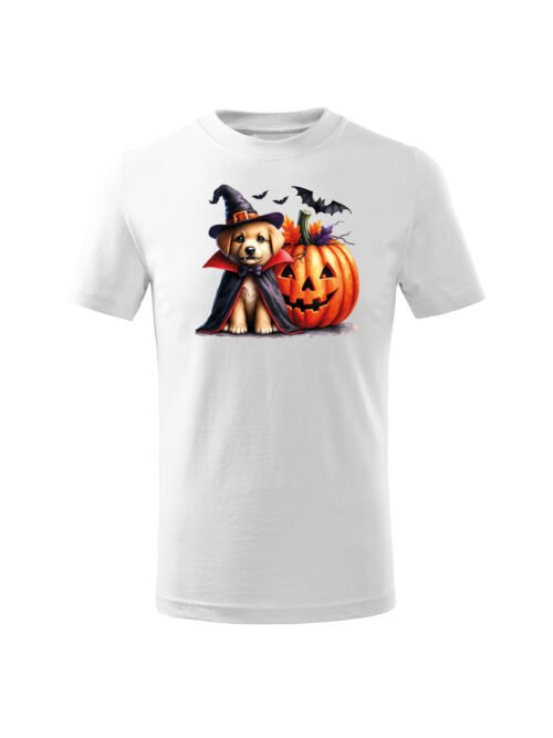 Halloweenowa Koszulka Dziecięca "Piesek czarodziej i dynia" – Wybierz Kolor!