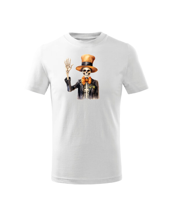 TL TS KID SNO DTF 0705 A Halloweenowa Koszulka Dziecięca "Szkielet w cylindrze" – elegancja i groza – Wybierz Kolor!