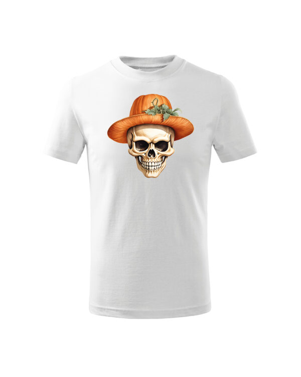 TL TS KID SNO DTF 0706 A Halloweenowa Koszulka Dziecięca "Czaszka w dyniowym kapeluszu" – Wybierz Kolor!