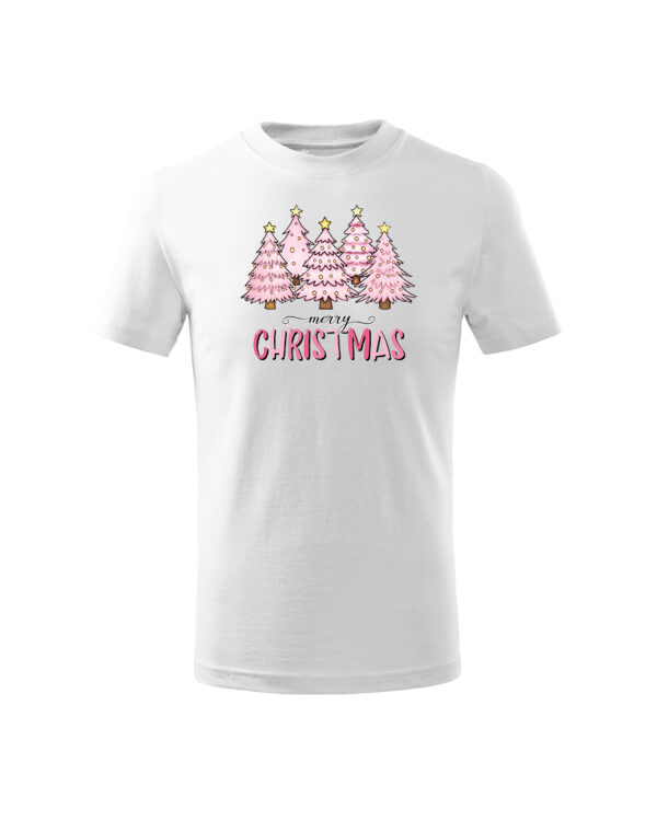 TL TS KID SNO PRI 0764 A Świąteczna Koszulka Dziecięca “Różowe Choinki – Merry Christmas”