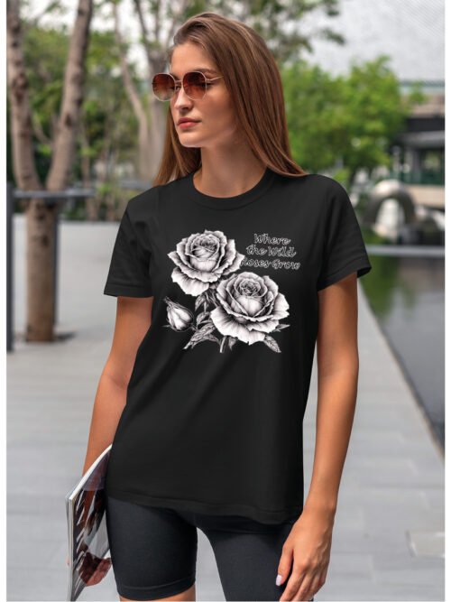 Koszulka Natura w swej dzikości, „Gdzie rosną dzikie róże” , koszulka, koszulka damska, t-shirt damski, koszulka damska z nadrukiem, koszulka z napisem