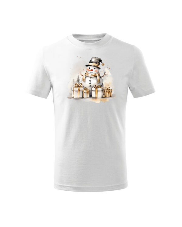 TL TS UNI FIE PRI 0770 A KIDS Świąteczna Koszulka Dziecięca “Bałwanek i Prezenty”