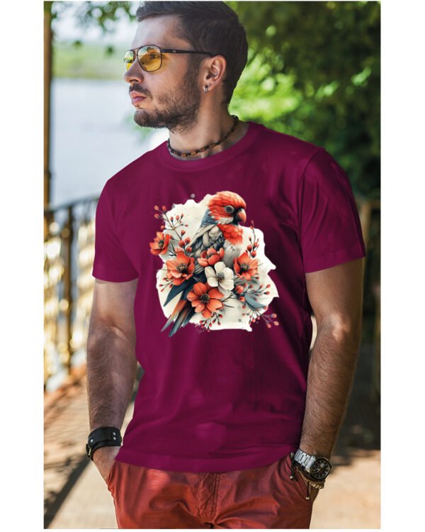 Koszulka Egzotyczny Urok Natury <br>Papuga w Kwiatowym Otoczeniu - Unisex, dla niego