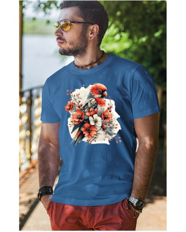 Koszulka Egzotyczny Urok Natury <br>Papuga w Kwiatowym Otoczeniu - Unisex, dla niego