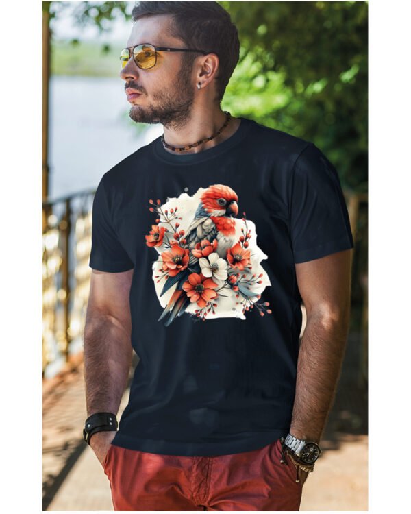 Koszulka Egzotyczny Urok Natury <br>Papuga w Kwiatowym Otoczeniu - Unisex, dla niego