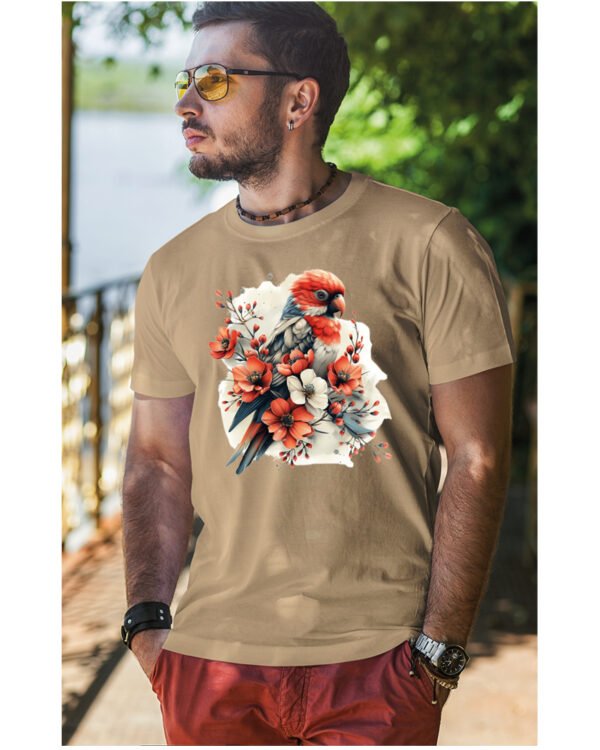 Koszulka Egzotyczny Urok Natury <br>Papuga w Kwiatowym Otoczeniu - Unisex, dla niego