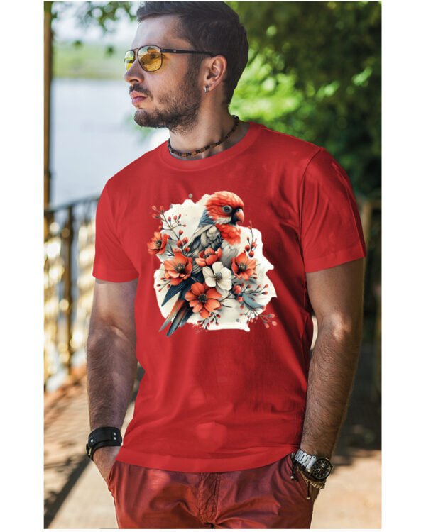 Koszulka Egzotyczny Urok Natury <br>Papuga w Kwiatowym Otoczeniu - Unisex, dla niego
