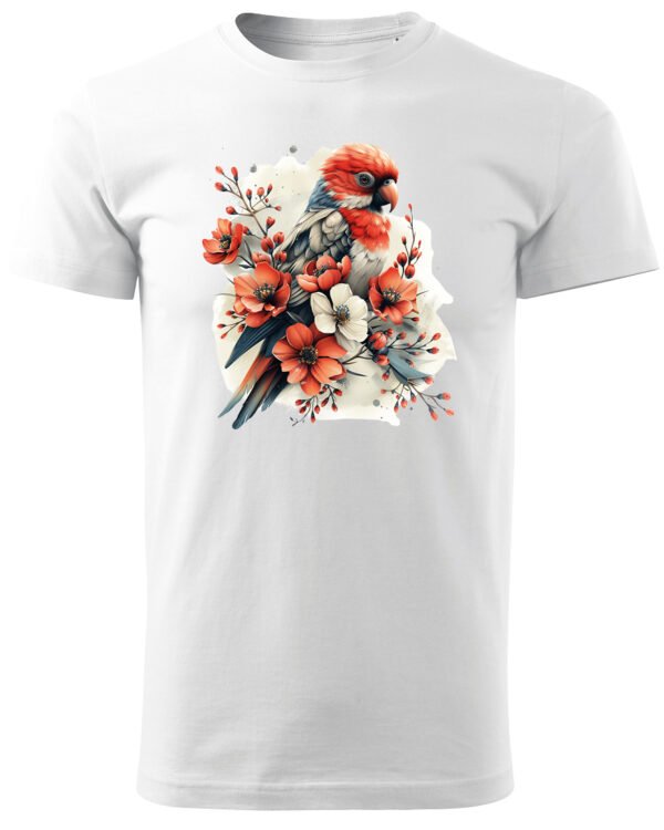 Koszulka Egzotyczny Urok Natury <br>Papuga w Kwiatowym Otoczeniu - Unisex, dla niego