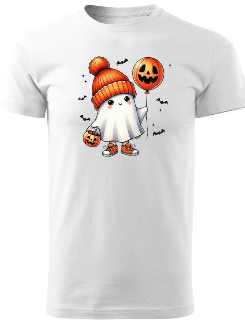 Halloweenowa Koszulka Unisex "Duch z Dyniowym Balonem" – Wybierz Kolor!