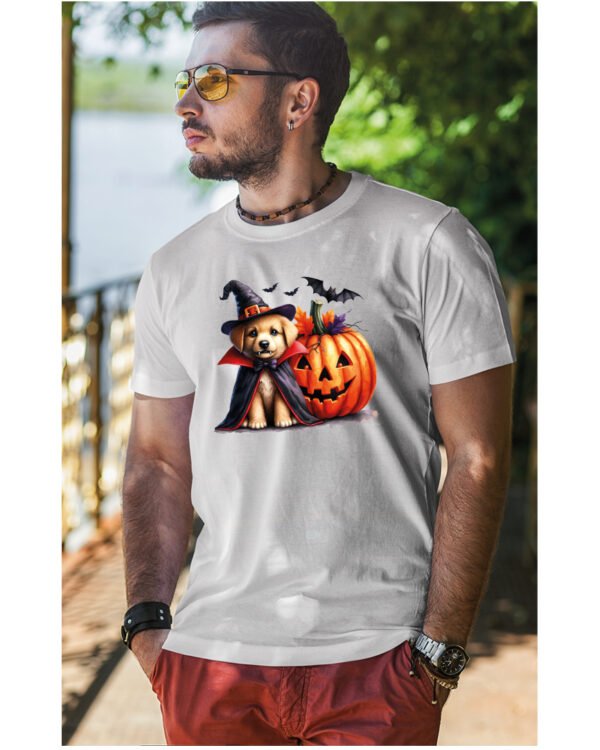 Halloweenowa Koszulka Unisex "Piesek Czarodziej i Dynia" – Wybierz Kolor!