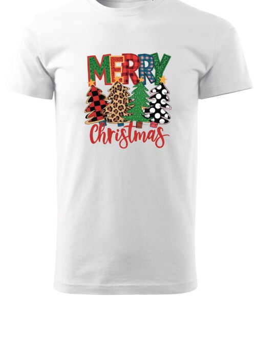 Świąteczna Koszulka “Merry Christmas – Kolorowe Choinki” – Unisex