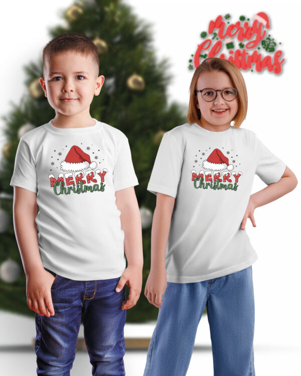 TL TS UNI SNO PRI 0755 A KIDS Świąteczna Koszulka Dziecięca “Merry Christmas – Czapka Mikołaja”
