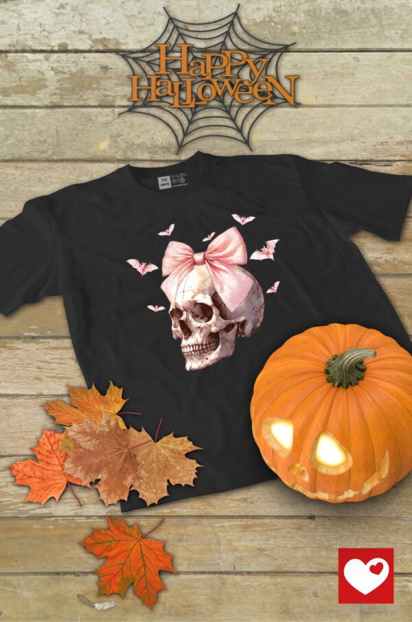 Halloweenowa Koszulka Unisex "Skull with Pink Bow" – Wybierz Kolor!
