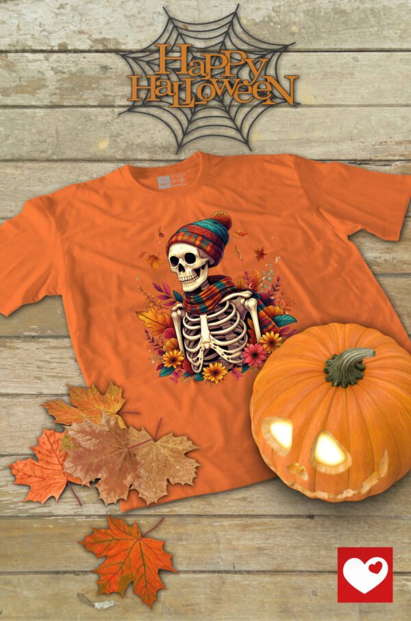 Halloweenowa Koszulka Dziecięca "Jesienny szkielet" – gotowy na zimne dni! – Wybierz Kolor!