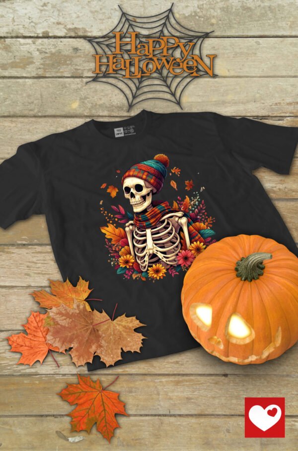 Halloweenowa Koszulka Dziecięca "Jesienny szkielet" – gotowy na zimne dni! – Wybierz Kolor!