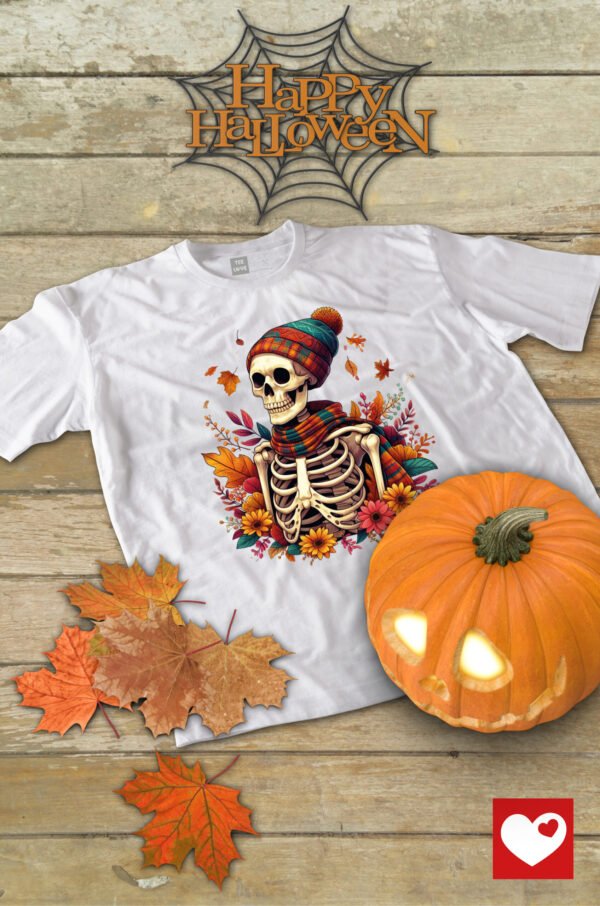 Halloweenowa Koszulka Dziecięca "Jesienny szkielet" – gotowy na zimne dni! – Wybierz Kolor!