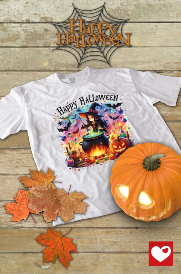 Halloweenowa Koszulka Dziecięca "Czarownica przy kotle" – Wybierz Kolor!