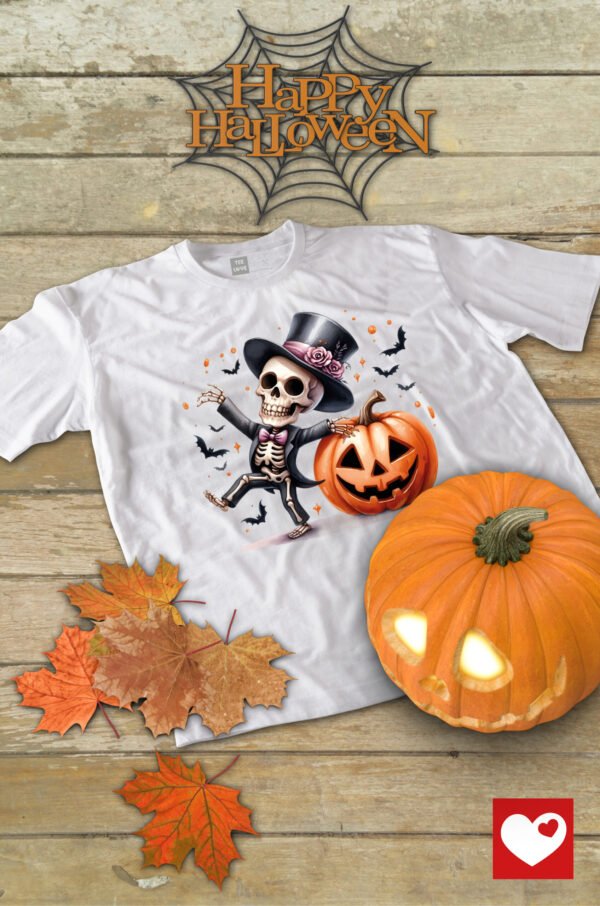 Halloweenowa Koszulka Unisex "Szkieletor i Dynia" – Wybierz Kolor!