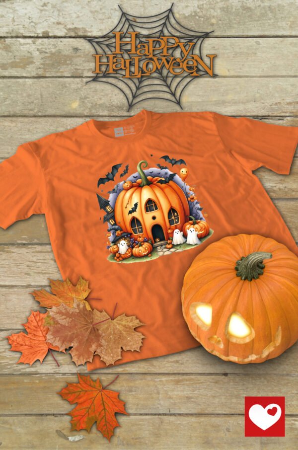 Halloweenowa Koszulka Dziecięca "Dom z dyni i duszki" – przygoda pełna magii! – Wybierz Kolor!