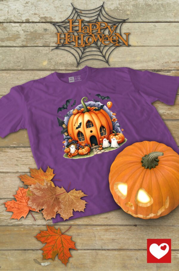 Halloweenowa Koszulka Dziecięca "Dom z dyni i duszki" – przygoda pełna magii! – Wybierz Kolor!