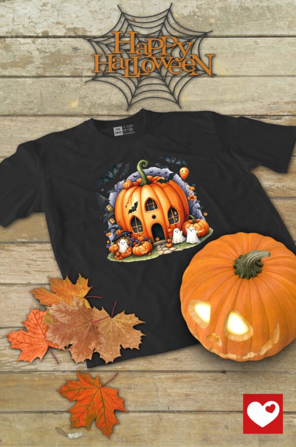 Halloweenowa Koszulka Dziecięca "Dom z dyni i duszki" – przygoda pełna magii! – Wybierz Kolor!