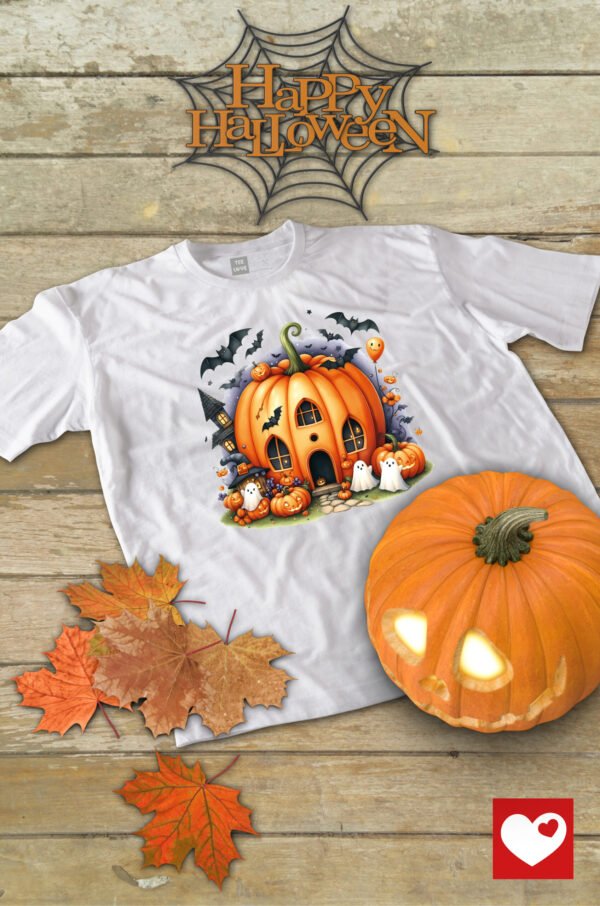 Halloweenowa Koszulka Dziecięca "Dom z dyni i duszki" – przygoda pełna magii! – Wybierz Kolor!