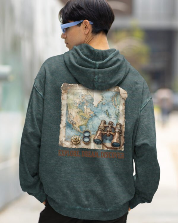 Bluza oversize z kapturem <br>Explore, Dream, Discover - efekt sprania