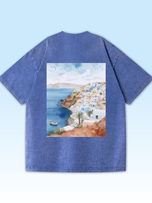 Damska koszulka oversize z widokiem na Santorini - efekt sprania Męska koszulka oversize z widokiem na Santorini - efekt sprania