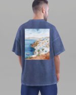Męska koszulka oversize <br>z widokiem na Santorini - efekt sprania