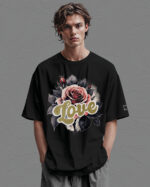HYB 0014 Tshirt Oversize Black2 Koszulka Gruba Premium <br>Róża Miłości- nadruk hybrydowy