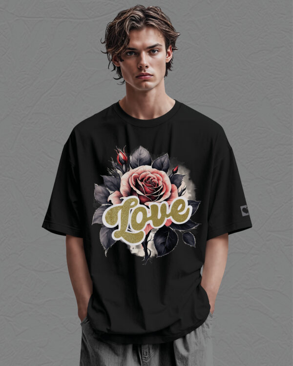 HYB 0014 Tshirt Oversize Black2 Koszulka Gruba Premium <br>Róża Miłości- nadruk hybrydowy