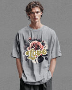 HYB 0014 Tshirt Oversize Grey2 Koszulka Gruba Premium <br>Róża Miłości- nadruk hybrydowy